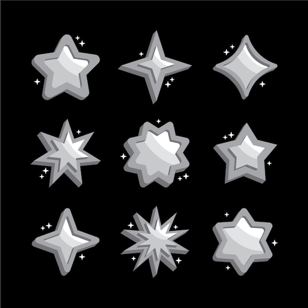 Vector colección de elementos de estrellas plateadas de diseño plano