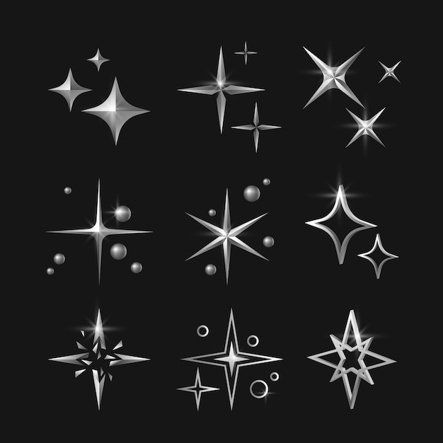 Colección de elementos de estrellas plateadas realistas