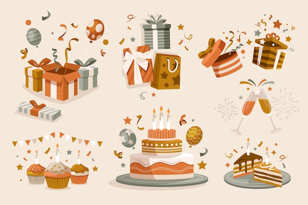 Colección de elementos de felicitación de cumpleaños dibujados a mano con dulces y regalos