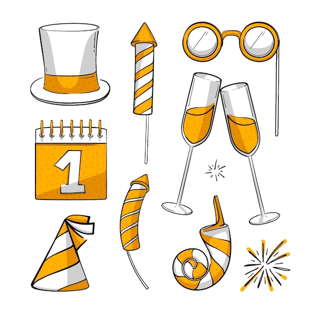 Colección de elementos de fiesta de año nuevo dibujados a mano