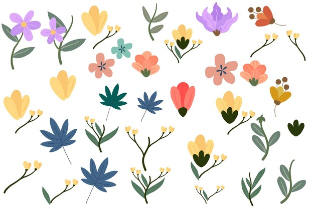 Colección de elementos florales dibujados a mano en colores pastel