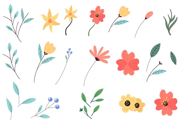 Colección de elementos florales y foliares vectoriales de flores de primavera