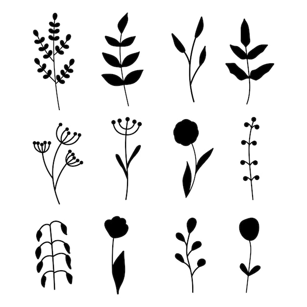 Colección de elementos florales simples minimalistas. boceto gráfico. Diseño de tatuajes de moda. Flores, hierba y hojas. Elementos naturales botánicos. ilustración vectorial Contorno, línea, estilo garabato.