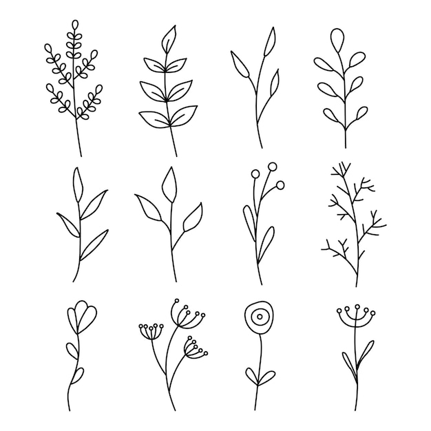 Colección de elementos florales simples minimalistas. boceto gráfico. Diseño de tatuajes de moda. Flores, hierba y hojas. Elementos naturales botánicos. ilustración vectorial Contorno, línea, estilo garabato.