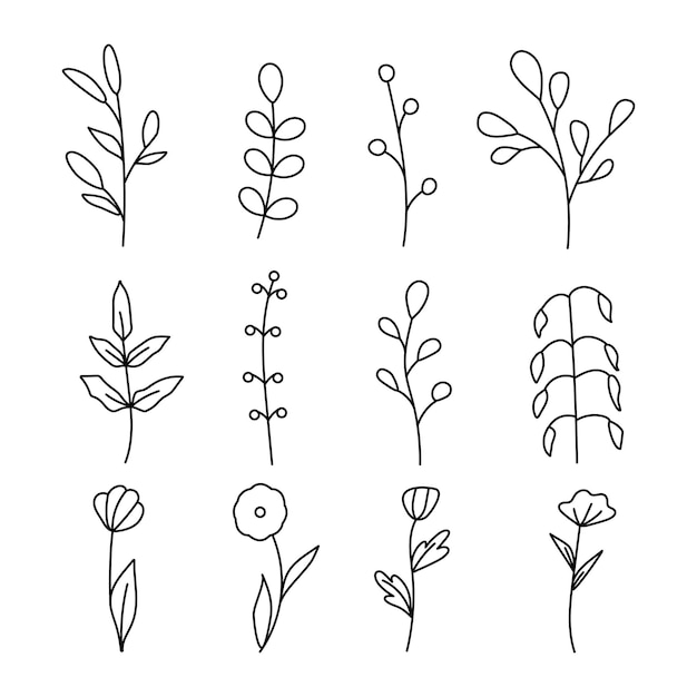 Colección de elementos florales simples minimalistas. boceto gráfico. Diseño de tatuajes de moda. Flores, hierba y hojas. Elementos naturales botánicos. ilustración vectorial Contorno, línea, estilo garabato.