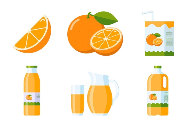 Colección de elementos de frutas y jugos de naranja. conjunto de elementos cítricos flat style: rodaja de naranja y fruta entera, envases de zumo de naranja (cartón, vaso, jarra, plástico y botella de cristal). vector premium