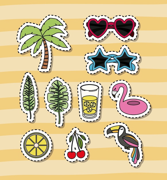 Colección de elementos y frutas tropicales