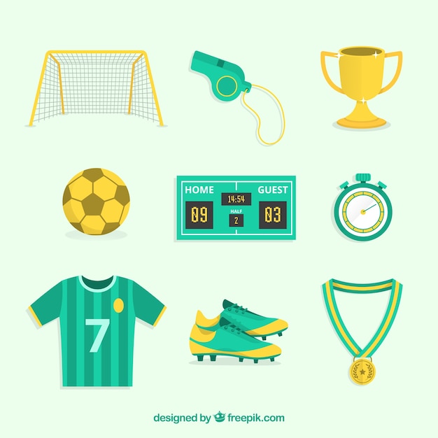 Vector colección de elementos de fútbol con equipamiento