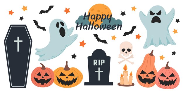 Colección de elementos de halloween dibujados a mano Calabazas y fantasmas de halloween