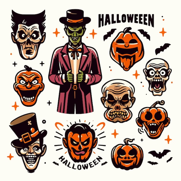 Colección de elementos de Halloween dibujos animados vintage de los años 50 Ilustración