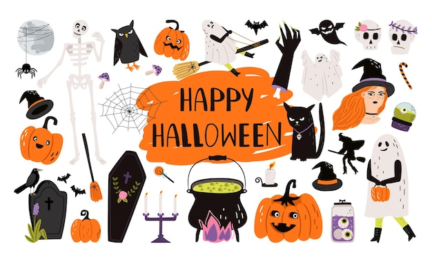 Colección de elementos de Halloween esqueleto de telaraña brujas caldero gracioso sombrero de calabaza araña luna murciélago fantasma