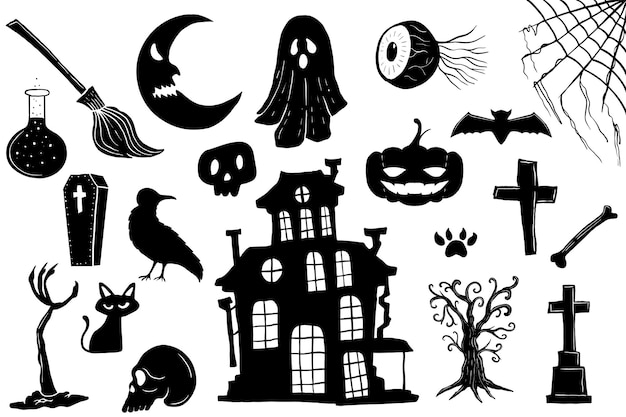 colección de elementos de halloween de silueta vectorial sobre fondo blanco