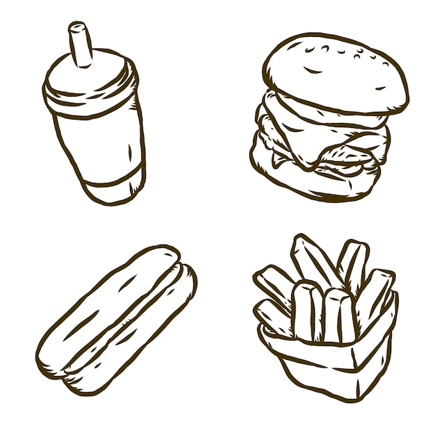 Colección de elementos handrawn comida rápida.