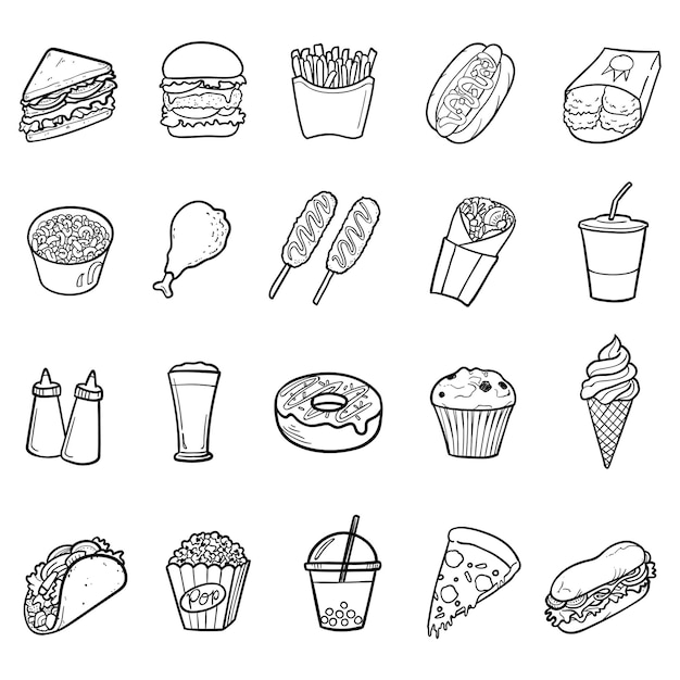 Colección de elementos handrawn comida rápida.