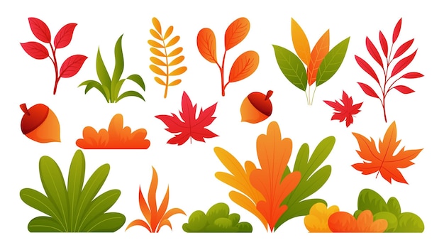 Colección de elementos de hojas caídas de otoño con lindo diseño plano
