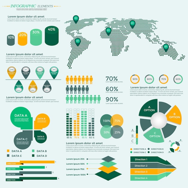 Colección de elementos infográficos: ilustración vectorial de negocios para presentación, folleto, sitio web, blog, diseño de flujo de trabajo, folleto, pancarta, tarjeta, opciones de aumento, diseño web, afiche, volante, línea de tiempo.