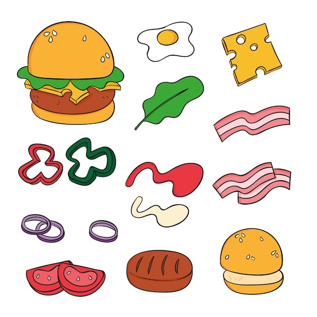 colección de elementos de ingredientes de hamburguesa en estilo de dibujo a mano