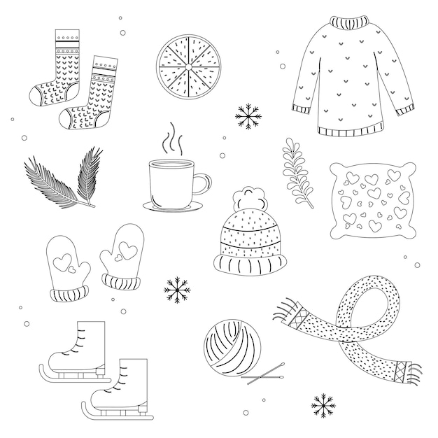 Colección de elementos de invierno de contorno Vector de estilo Hygge