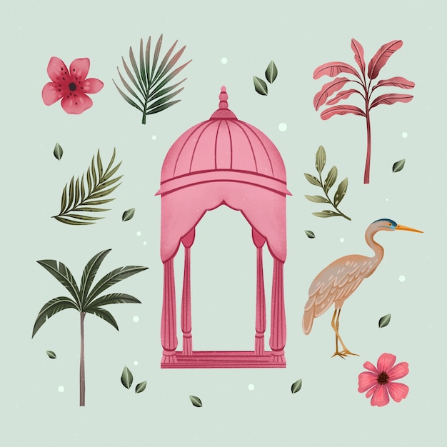 Colección de elementos de jardín mughal tradicionales en acuarela