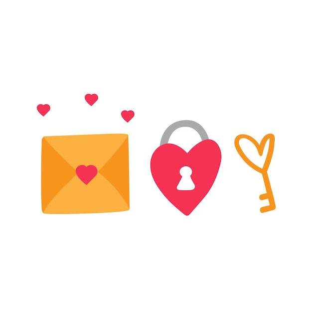 Colección de elementos Llave de letra cerradura de corazón El diseño para el Día de San Valentín Ilustración dibujada a mano