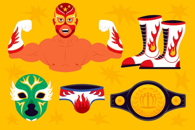 Vector colección de elementos de luchador mexicano de diseño plano