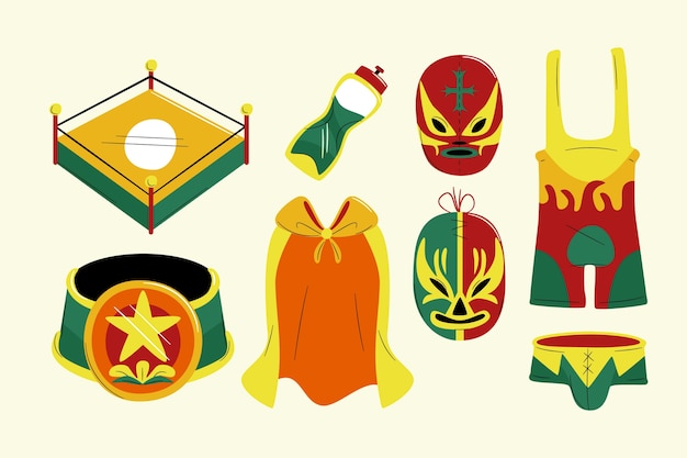 Colección de elementos de luchador mexicano de diseño plano