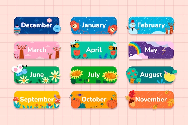 Colección de elementos de los meses del año dibujados a mano