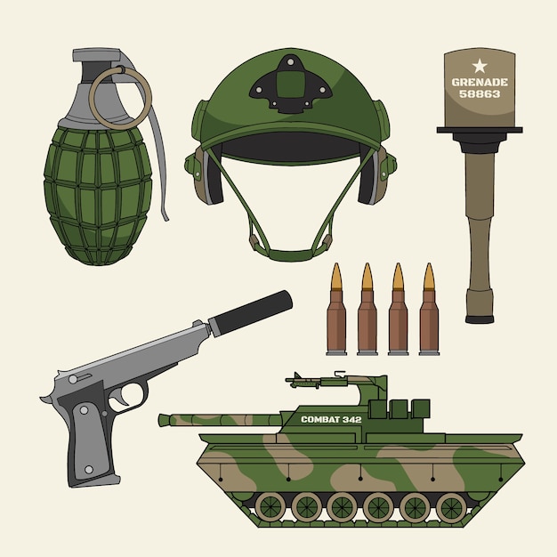 Colección de elementos militares dibujados a mano