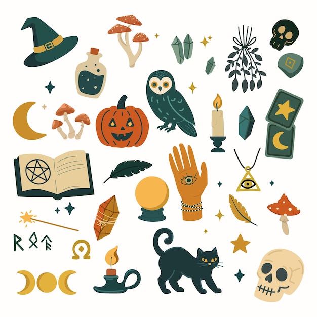 Colección de elementos místicos de Halloween y brujería en estilo folk retro Vector