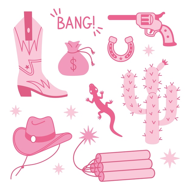 Colección de elementos de moda de Cowboy Pink core Botas de vaquera sombrero cactus de herradura y letras Conjunto de temas del oeste vaquero y salvaje oeste Ilustración de vector dibujado a mano Iconos de Doodle