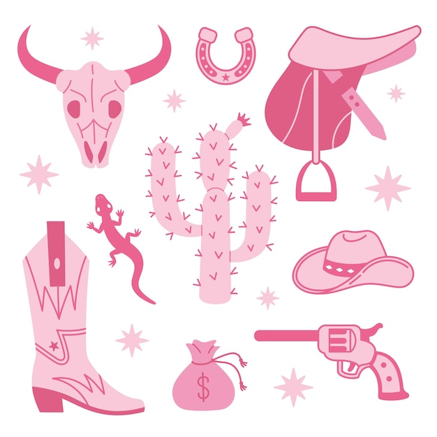 Colección de elementos de moda de Cowboy Pink core Botas de vaquera sombrero cactus de herradura y silla de montar de caballo Conjunto de temas del oeste vaquero y salvaje oeste Ilustración de vector dibujado a mano Iconos de Doodle