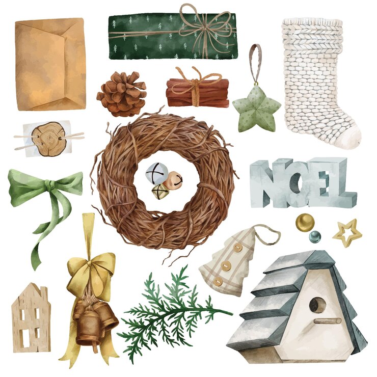Vector colección de elementos de navidad rústicos dibujados a mano ilustración acuarela de vector