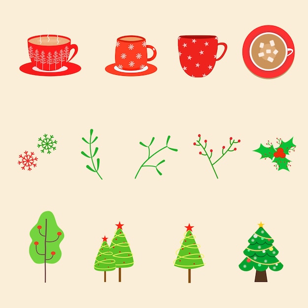 Vector colección de elementos de navidad de vector taza de café y árbol de navidad temporada de vacaciones