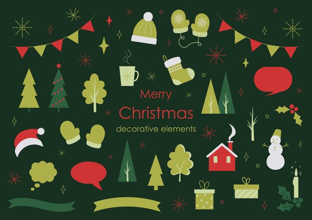 Colección de elementos navideños. Árbol de Navidad, cinta, copos de nieve, cajas de regalo, burbujas de discurso, acebo.