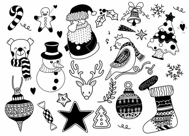 Colección de elementos navideños dibujados a mano, clipart navideño festivo