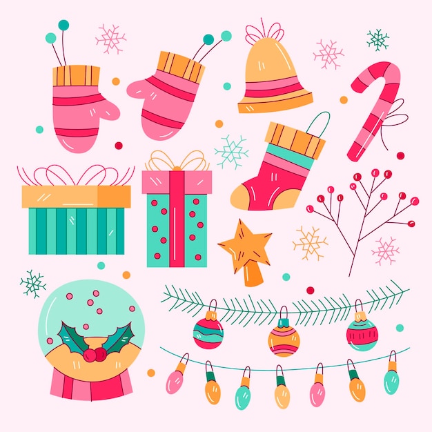 Colección de elementos navideños dibujados a mano