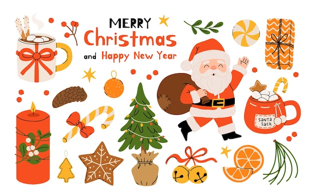 Colección de elementos navideños e invernales Ilustración vectorial colorida en estilo de dibujos animados planos Feliz Navidad Perfecto para scrapbooking tarjetas de felicitación invitaciones a fiestas carteles y pegatinas