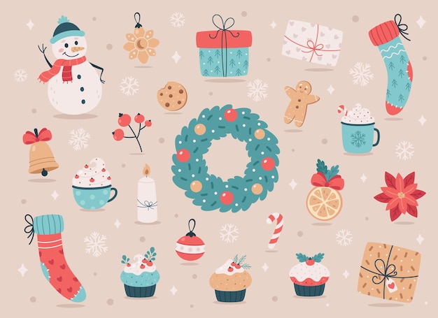 Colección de elementos navideños Objetos de Feliz Navidad Feliz Año Nuevo