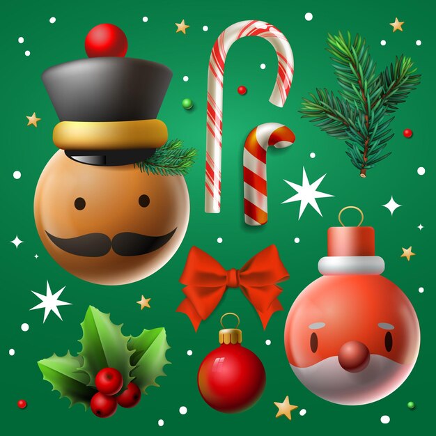 Colección de elementos navideños Personajes de dibujos animados Papá Noel cascanueces palo de caramelo baya sagrada rama de árbol de abeto estrellas nieve