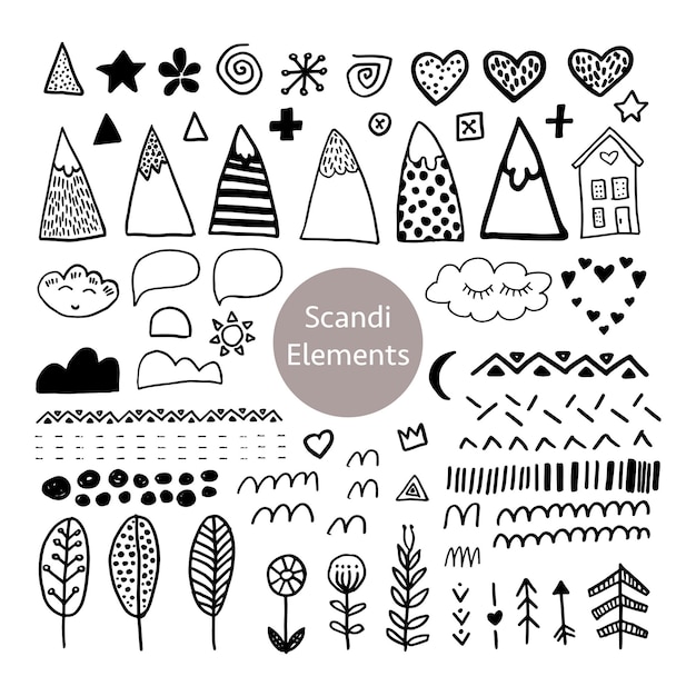 Colección de elementos negros en estilo escandinavo en vector. Conjunto nórdico para diseño de carteles, envoltorios, postales y otros.