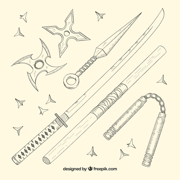 Colección de elementos de ninja dibujados a mano