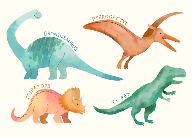 Colección de elementos de nombres de dinosaurios en acuarela
