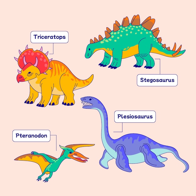 Vector colección de elementos de nombres de dinosaurios dibujados a mano