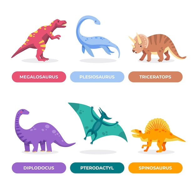 Vector colección de elementos de nombres de dinosaurios dibujados a mano