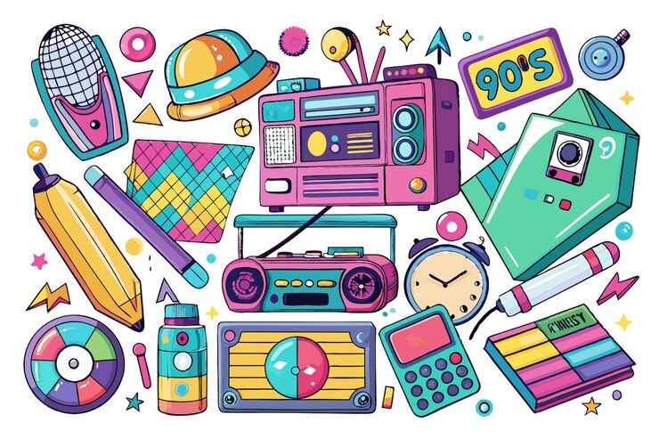 Vector colección de elementos nostálgicos planos dibujados a mano de los años 90 aislados sobre un fondo blanco