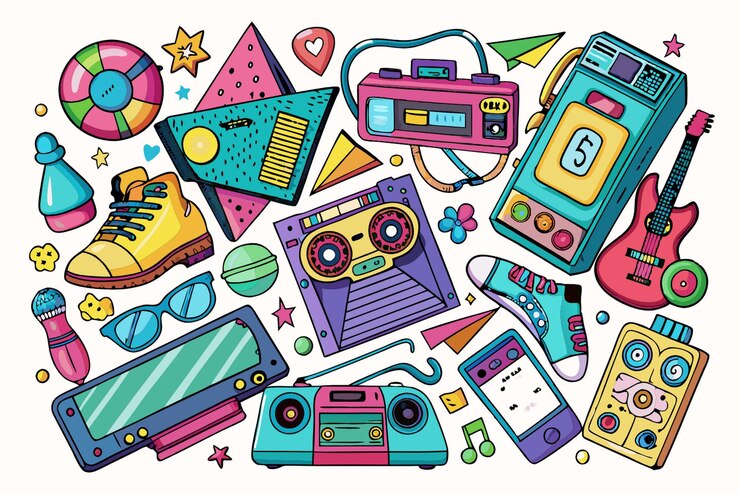 Vector colección de elementos nostálgicos planos dibujados a mano de los años 90 aislados sobre un fondo blanco
