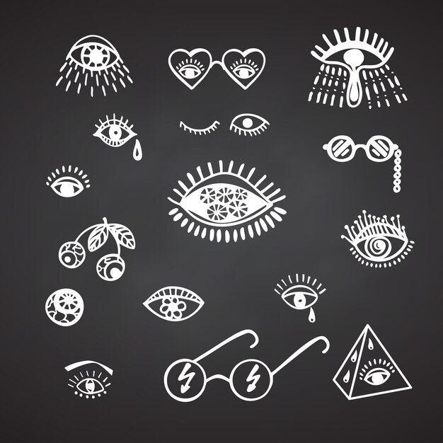 Colección de elementos de ojo psicodélico de groove Diseño retro de iconos hipster Gráfico de estilo Doodle Vintage trippy 60 70 80 90 tendencias ilustración vectorial Símbolos blancos sobre fondo de pizarra