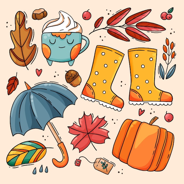 Colección de elementos de otoño dibujados a mano