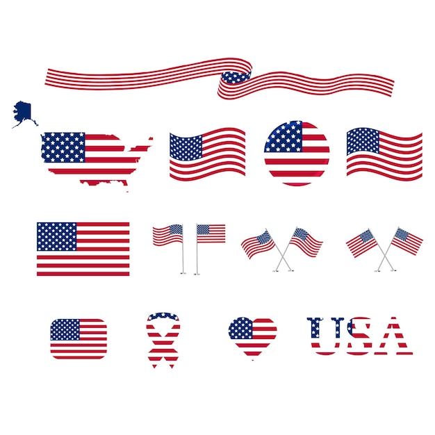 Colección de elementos de papelería de mapa de los Estados Unidos con la bandera