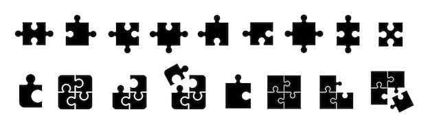 Colección de elementos de piezas de rompecabezas Conjunto de piezas de juego Piezas de rompecabeos Icono de contorno vectorial del rompecabeo Imagen de rompecabes negra